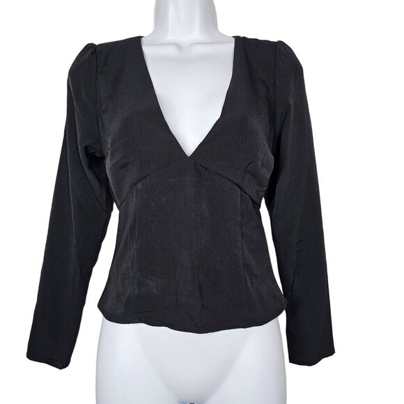 Abercrombie & Fitch Black Long Sleeve V-Neck Shirt Blouse Smocked Back Womens XS - Picture 1 of 8